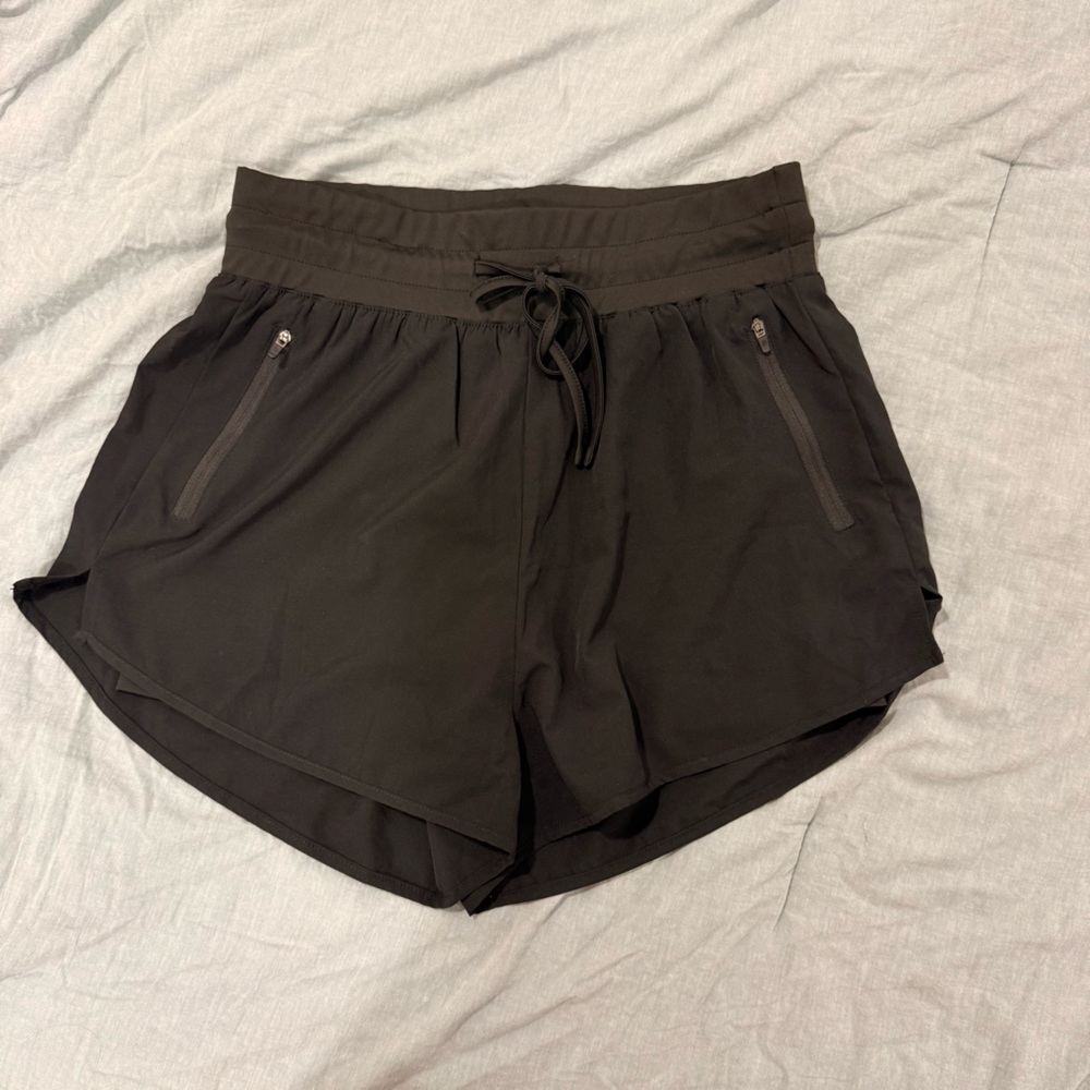 Black Athletic Zip-Pocket Drawstring Running Shorts Lined